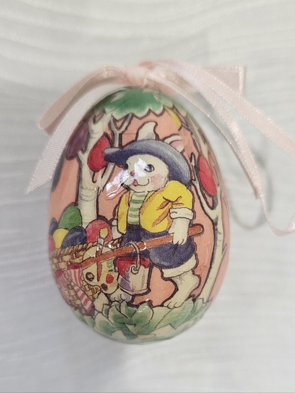 Vintage Pink Paper Mache Bunny Easter Egg Ornament with Ribbon